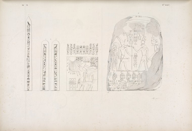 Figg. 1, 2 e 4. Iscrizioni e stela  istorica del re Osortasen I [Sesostris I] della dinastia sestadecima.  Fig. 3. Quadro di un re anteriore a questa dinastia.