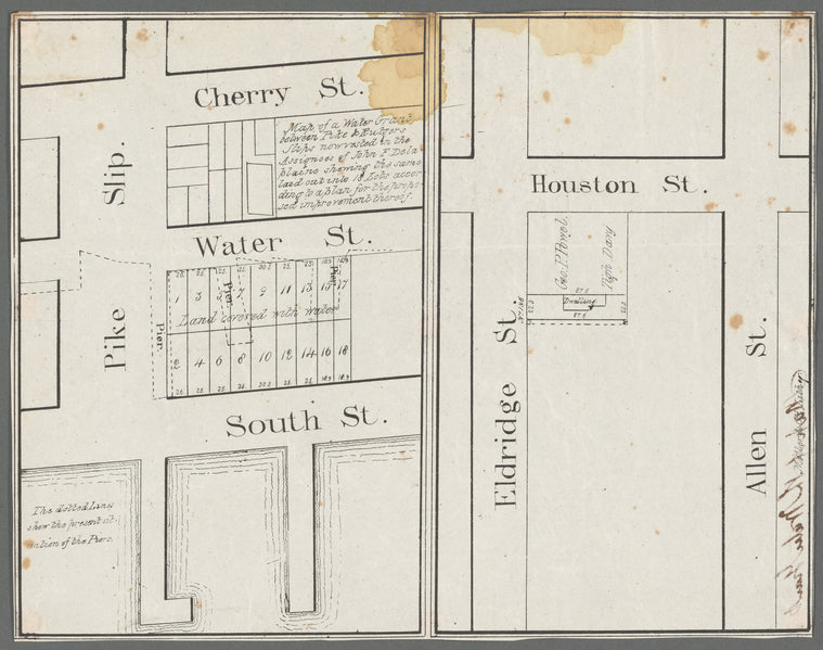 Map of a water grant between Pike & Rutgers Slips now vested in the assignees of John F. Delaplaine shewing the same laid out into 18 lots according to a plan for the proposed improvement thereof [and another untitled map on same sheet]