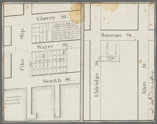 Map of a water grant between Pike & Rutgers Slips now vested in the assignees of John F. Delaplaine shewing the same laid out into 18 lots according to a plan for the proposed improvement thereof [and another untitled map on same sheet]