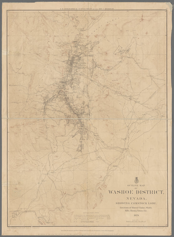 Outline map of Washoe District, Nevada : showing Comstock Lode, locations of mineral claims, shafts, mills, mining towns, etc.