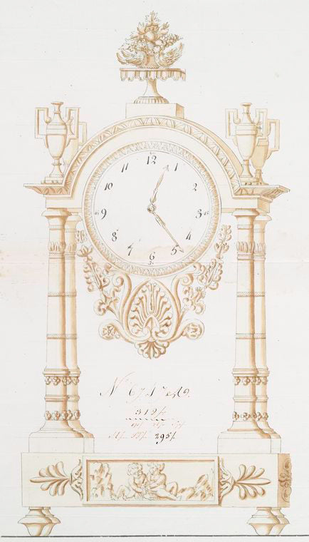 Empire style. Clock intended to be executed in bronze doré with oblong base. Decoration with fruit and birds at top with a circular dial