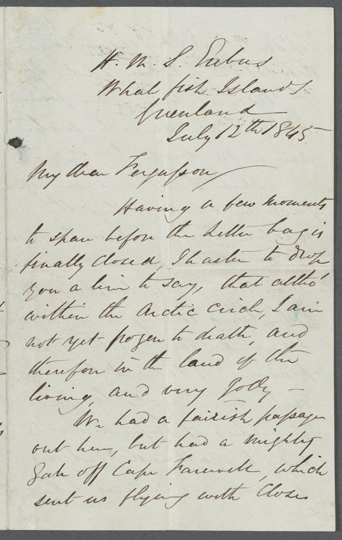 Stephen Samuel Stanley, Letter to Dr. Fergusson, written onboard the H.M.S. Erebus, 12 July 1845