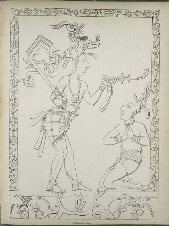 Two figures, one standing, one kneeling, with naturalistic border