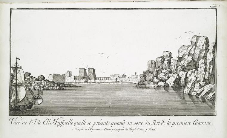 Vue de l'Isle Ell Heiff, telle qu'elle se présente, quand on sort du port de la prémiére cataracte. (a. Temple de l'Epervier, c. Entrée principale du Temple d'Isis, q. Fanal.)