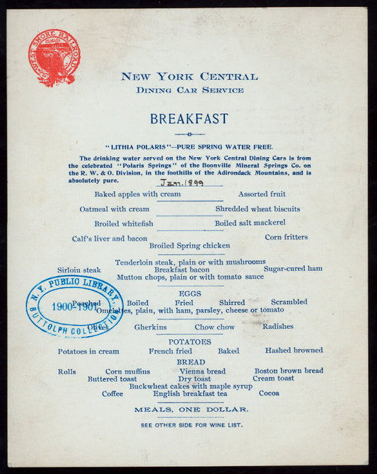 BREAKFAST [held by] NEW YORK CENTRAL [at] DINING CAR SERVICE (RR)