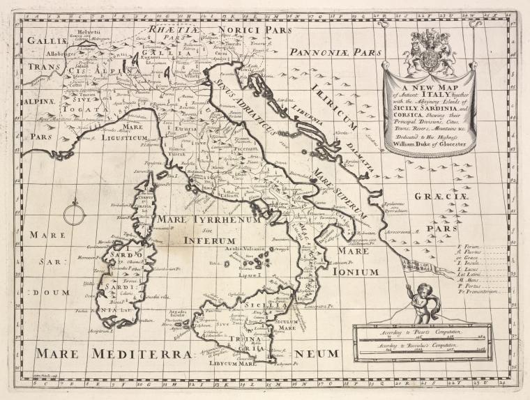 A new map of ancient Italy, together with the adjoyning islands of Sicily, Sardinia, and Corsica, shewing their principal divisions, cities, towns, rivers, mountains &c.
