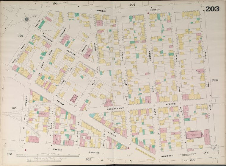 Bronx, V. 9, Double Page Plate No. 203 [Map bounded by Morris Ave., East 151st St., Melrose Ave., Willis Ave., East 143rd St.]