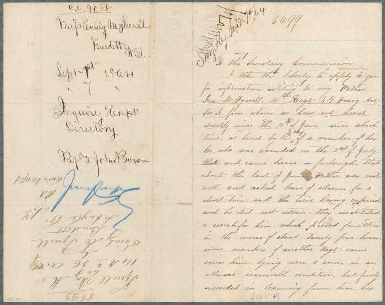 Letter of inquiry by Emily M. Tyrrell, Sept. 1, 1864, for Ira M. Tyrell, 14 NY Heavy Artillery, Co.
