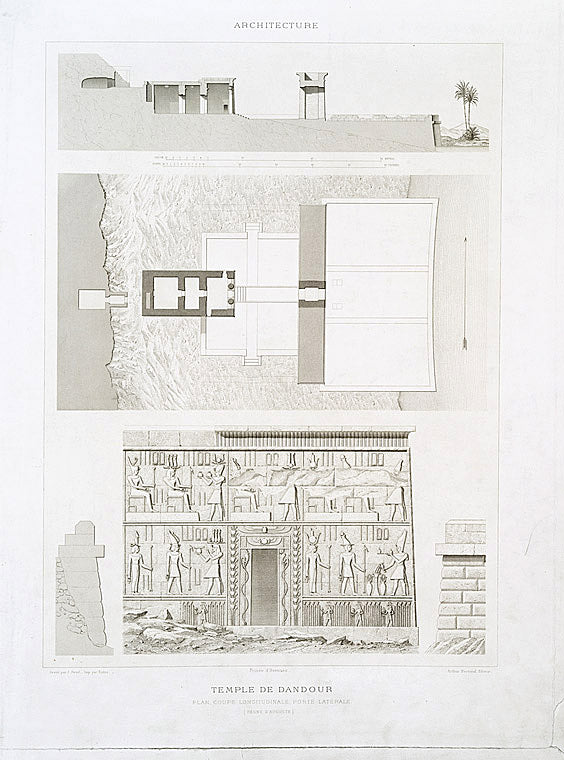 Architecture : Temple de Dandour : plan, coupe longitudinale, porte latérale (règne d'Auguste)