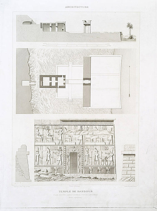 Architecture : Temple de Dandour : plan, coupe longitudinale, porte latérale (règne d'Auguste)