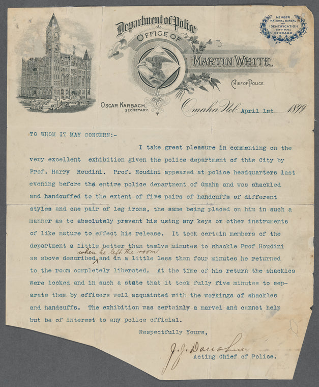 Omaha, Nebraska police certification of the escape of Harry Houdini