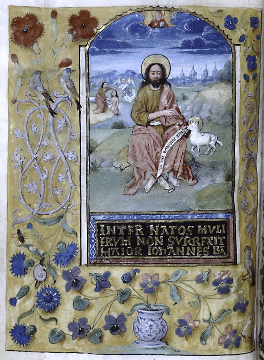 John the Baptist with the Lamb of God; in the background, the Baptism of Christ. Text in gold majuscules on a black ground