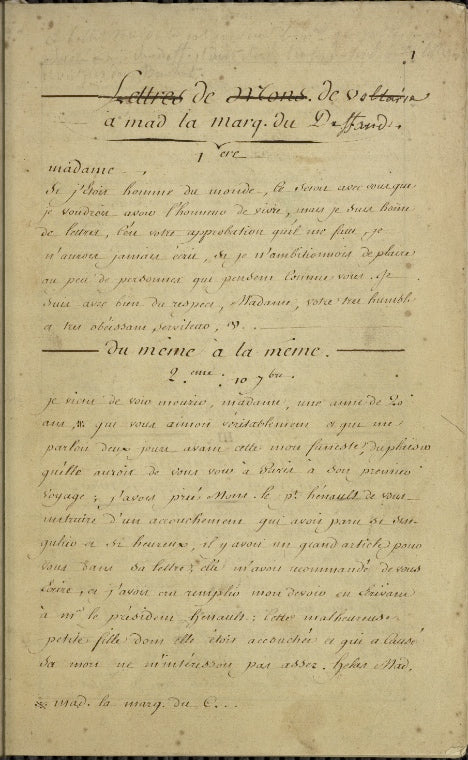 Lettres de Mons. de Voltaire a mad. la marq. du Deffand
