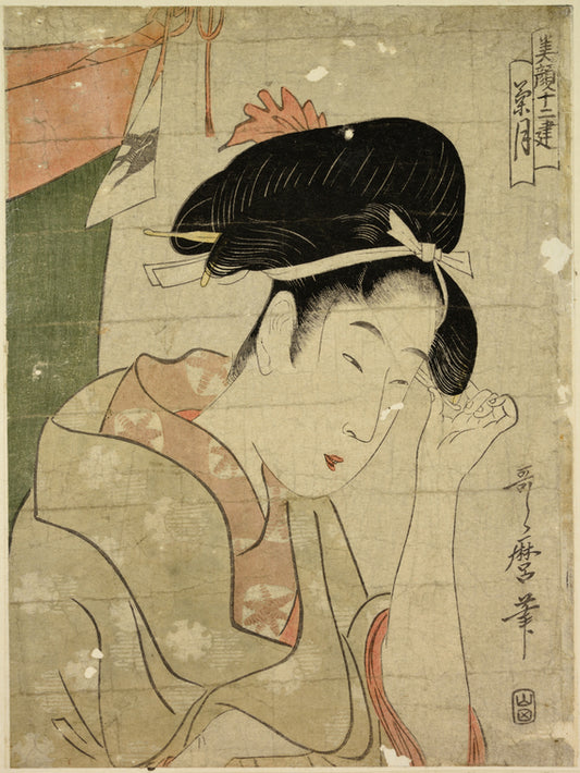 Large head and bust of a woman adjusting one of her hair pins