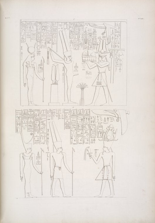Tebe [Thebes], Palazzo di Luqsor [Luxor]: 1. Offerte di  Menphtah I [Merneptah] ad Amon-rê [Amon] e ad Athyr [Hathor]. 2. Libazione di Amenophis-Memnone ad Ammone e a Neith.