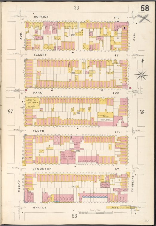 Brooklyn V. 3, Plate No. 58 [Map bounded by Hopkins St., Tompkins Ave., Myrtle Ave., Marcy Ave.]