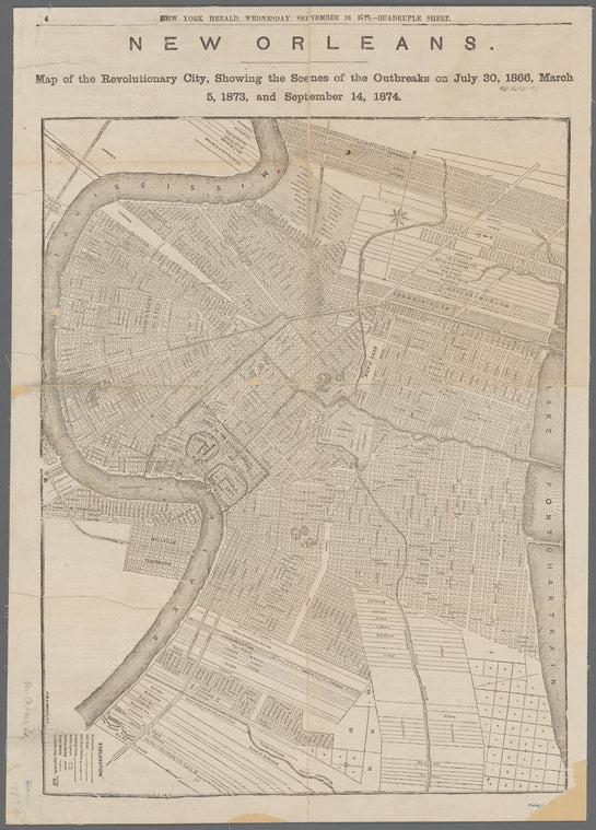 New Orleans : map of the revolutionary city : showing the scenes of the outbreacks on July 30, 1866, March 5, 1873, and September 14, 1874