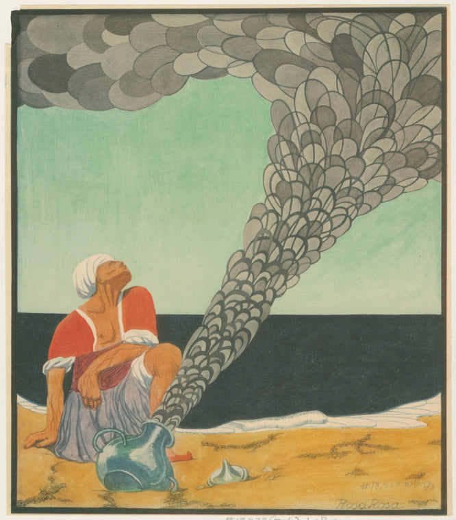 Lone figure on seashore with pot billowing smoke