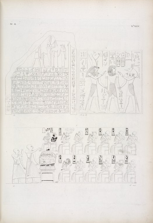 Figg. 1, 2. Stela istorica di Ramses I. - Sta in mezzo ad Horus e a Thoth. - Successione di re della dinastia XVIII , da Amenôf I a Menphtah I [Seti I].