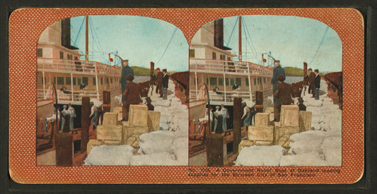 A government relief boat at Oakland loading supplies for the stricken city of San Francisco.