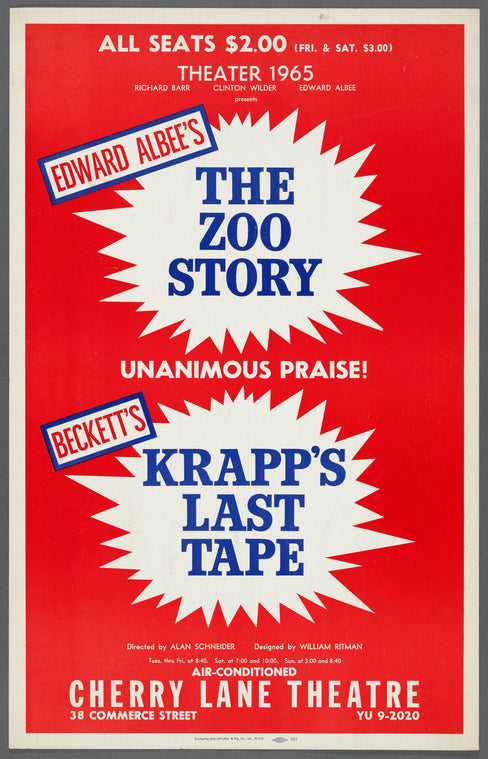 Window card for the Theater 1965 presentation of the twin bill of the stage productions The Zoo Story by Edward Albee and Krapp's Last Tape by Samuel Becket