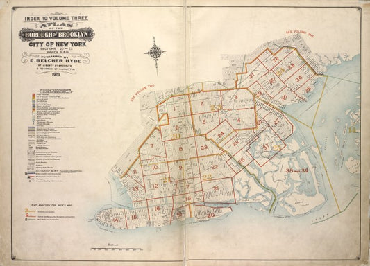 Index to Volume Three. Atlas of the Borough of Brooklyn. City of New York. Sections 20 - 25. Wards 31 & 32. Published by   E. Belcher Hyde, 97 Liberty St., Brooklyn, 5 Beekman St., Manhattan, 1920
