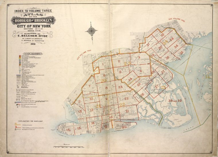 Index to Volume Three. Atlas of the Borough of Brooklyn. City of New York. Sections 20 - 25. Wards 31 & 32. Published by   E. Belcher Hyde, 97 Liberty St., Brooklyn, 5 Beekman St., Manhattan, 1920