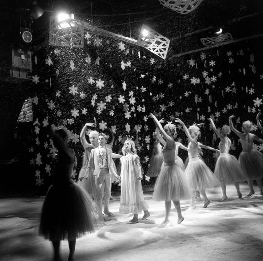 Zina Bethune and David Richardson with Snowflakes during (rehearsal) filming for television, in a New York City Ballet production of "The Nutcracker."