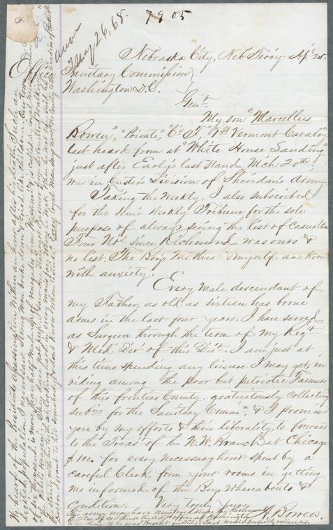 Letter of inquiry by A. Bowen, April 25, 1865 for M. Rowen, 1 VT Cavalry Co. F ; Inquiry form