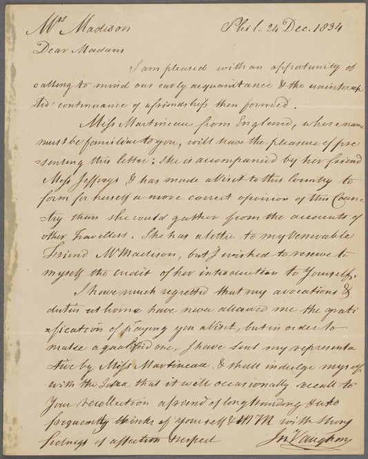 Letter from John Vaughan to Dolley Madison