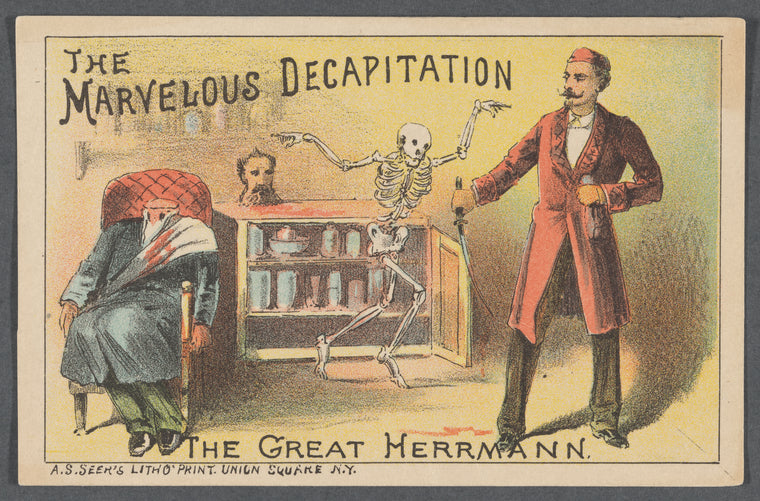Promotional card illustrating Alexander Herrmann's magic illusion The Marvelous Decapitation