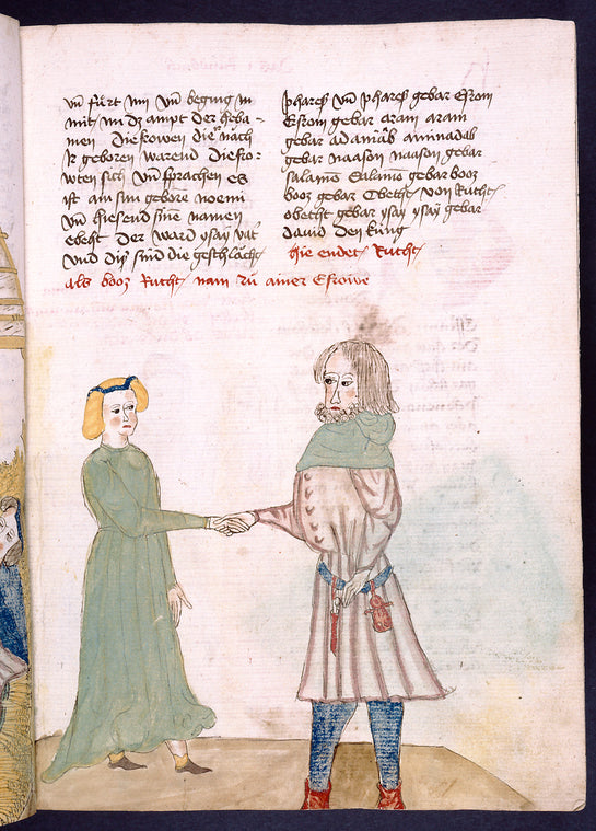Text with rubric; miniature of Ruth and Boas