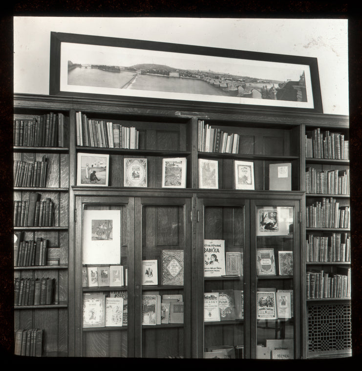 Webster: Interior views, exhibit of fine Czech editions and printing, panoramic view of Prague on case above exhibit of books