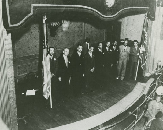 A. Philip Randolph and union officals, including Ashley Totten and Benjamin McLaurin, at a meeting of the Brotherhood of Sleeping Car Porters