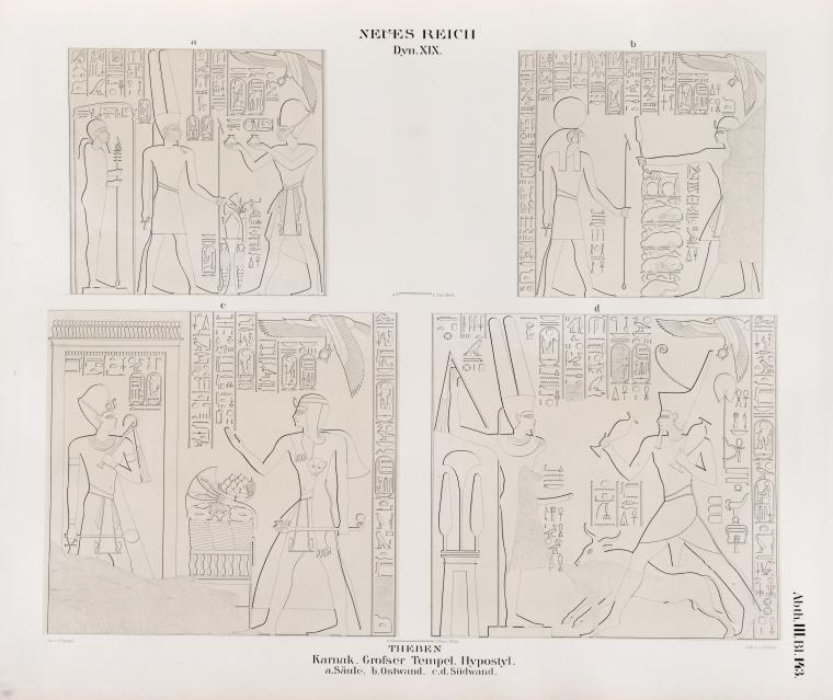 Neues Reich. Dynastie XIX. Theben [Thebes]. Karnak. Grosser Tempel. Hypostyl: a. Säule ; b. Ostwand ; c. d. Südwand.