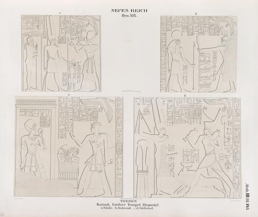 Neues Reich. Dynastie XIX. Theben [Thebes]. Karnak. Grosser Tempel. Hypostyl: a. Säule ; b. Ostwand ; c. d. Südwand.
