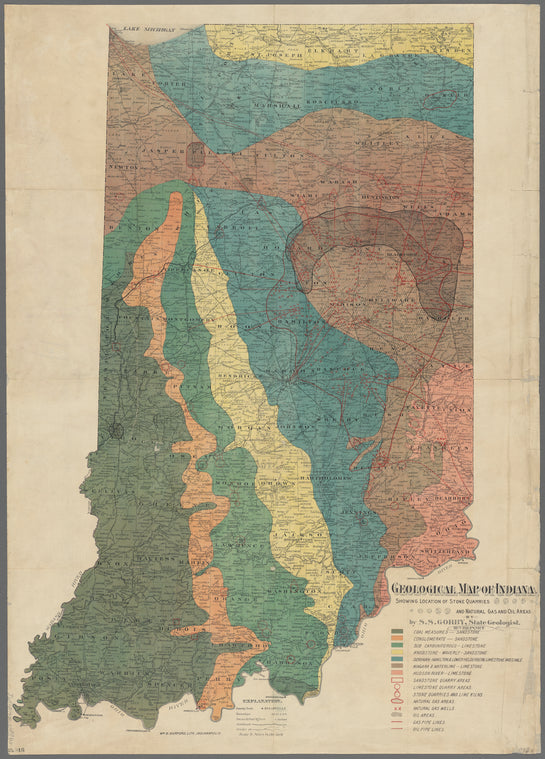 Geological map of Indiana : showing location of stone quarries and natural gas and oil areas