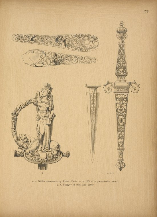 1. 2. Neillo ornaments by Tissot, Paris. 3. Hilt of a presentation sword. 4. 5. Dagger in steel and silver.
