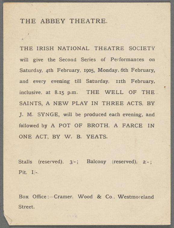 The Abbey Theatre, Irish National Theatre Society: The Well of the Saints, a new play in 3 acts, by J.M. Synge