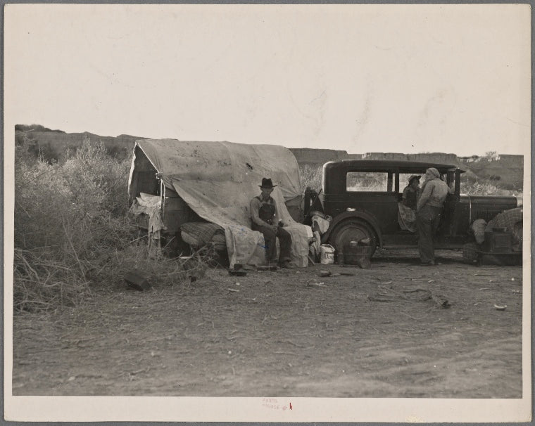 California migratory farm laborers-drought refugees from Oklahoma-camped in the brush on the river bottom with no water or sanitation. On the outskirts of Brawley, Imperial Valley, Calif.