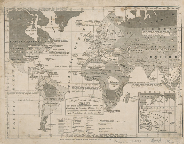 Moral and political chart of the inhabited world : exhibiting the prevailing religion, form of government, degree of civilization and population of each country