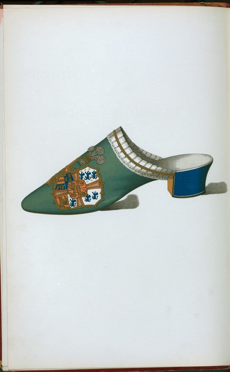 Mule or bedroom slipper in green velvet, with coat of arms embroidered in silk and metallic threads, made by Abrahams, Westbourne Grove, W.