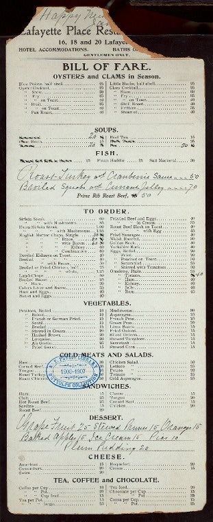 DAILY MENU [held by] LAFAYETTE PLACE RESTURANT AND CAFE [at] "16,18 AND 20 LAFAYETTE PLACE, NEW YORK, NY" (REST;)