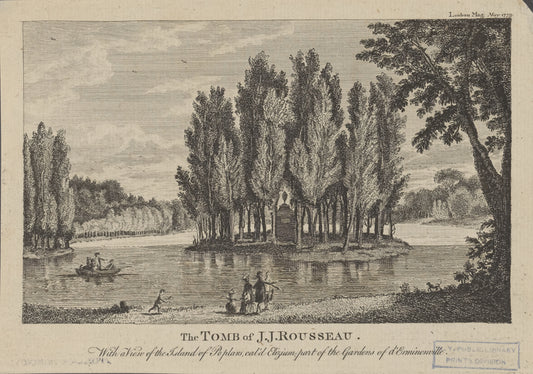The tomb of J.J. Rousseau. With a view of the Island of Poplars cal'd Elizium, part of the gardens of d'Erminonville.