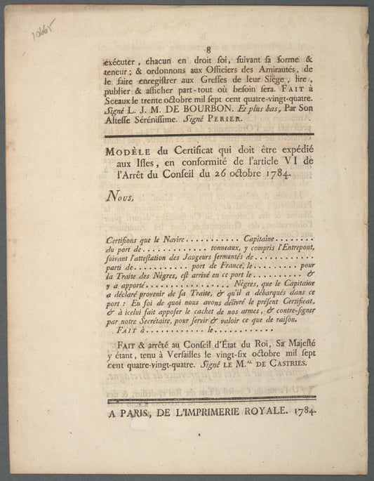 Arrêt du Conseil d'état du roi, qui, à compter du 10 novembre prochain, convertit en gratifications et primes l'exemption du demi-droit accordée aux denrées coloniales provenant de la traite des noirs