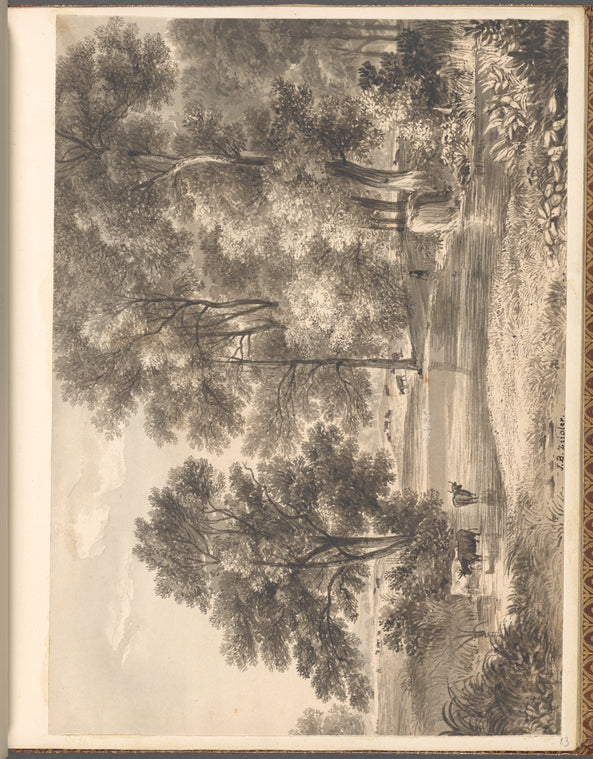 Mounted ink wash landscape with drinking and grazing cows