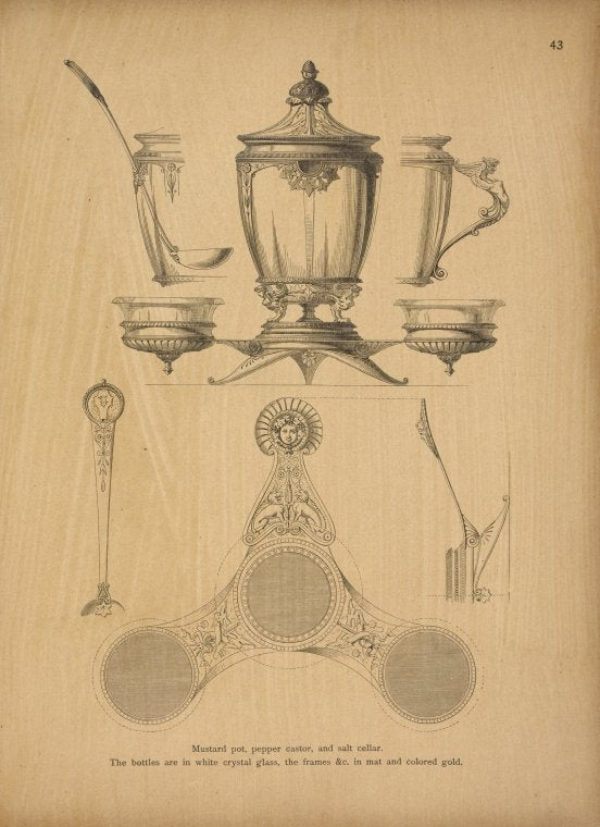 Mustard pot, pepper castor, and salt cellar. The bottles are in white crystal glass, the frames &c. in mat and colored gold.