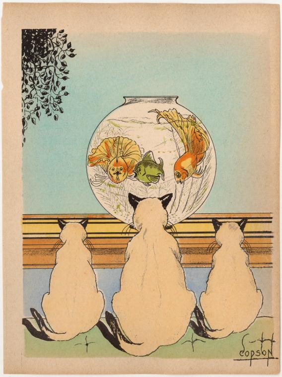 Three cats watching fish in an aquarium