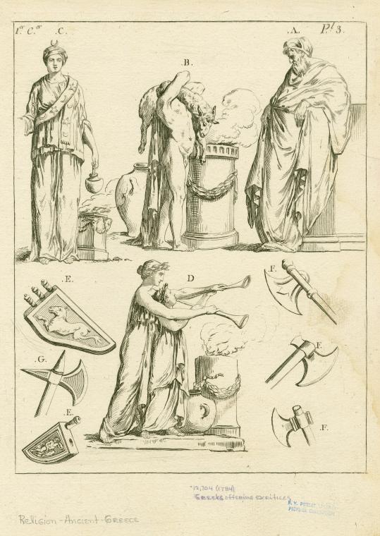 Greeks offering sacrifices ; sacrificial implements