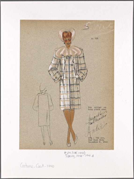 Fox collar on boxy plaid coat.